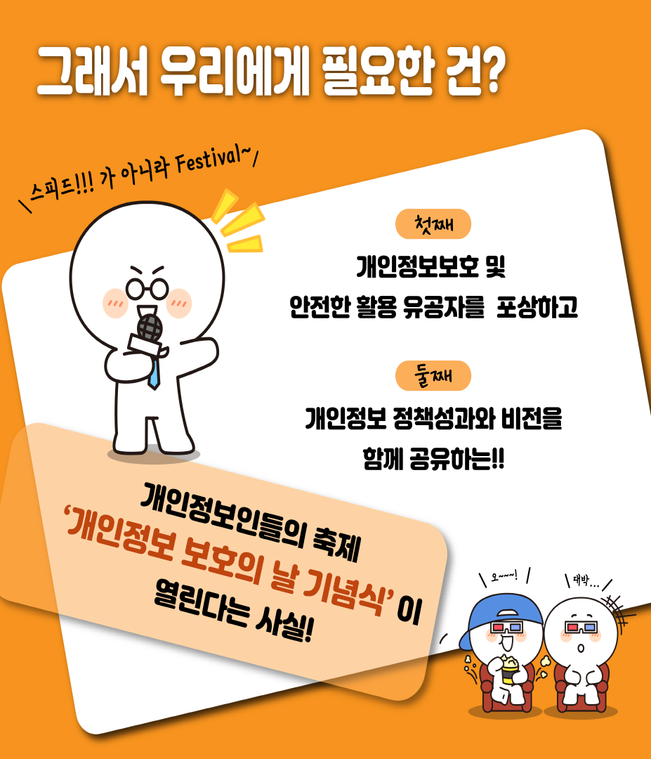 그래서 우리에게 필요한 건? 스피드!!!가 아니라 Festival~ 첫째 개인정보보호 및 안전한 활용 유공자를 포상하고 둘째 개인정보 정책성과와 비전을 함께 공유하는!! 개인정보인들의 축제 '개인정보 보호의 날 기념식'이 열린다는 사실!